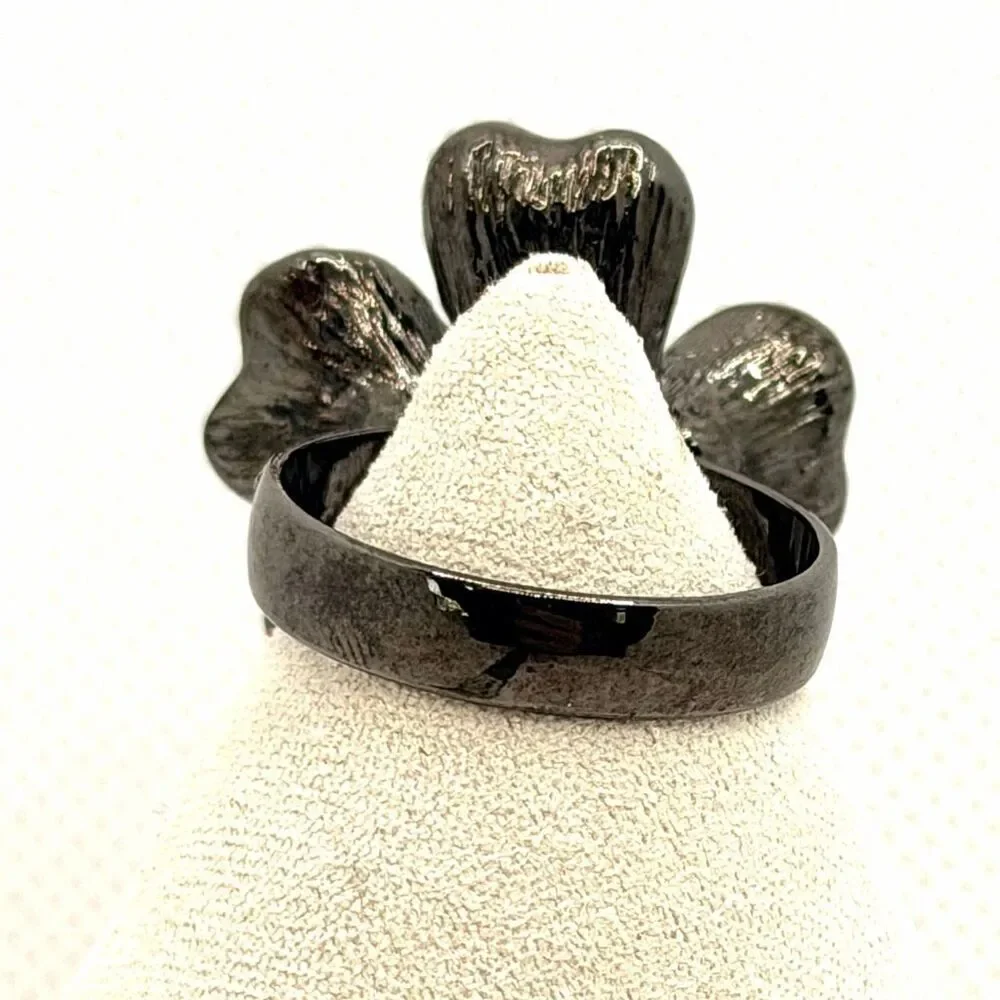 Kenneth Jay Lane KJL Adjustable Crystal Flower Cocktail Ring Gunmetal